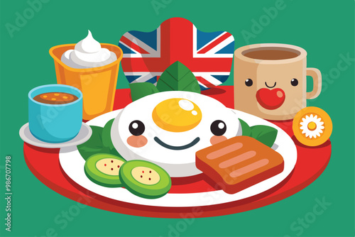 Enjoy a vibrant depiction of an English breakfast featuring cheerful food characters and bright colors, Customizable cartoon illustration of an English breakfast.
