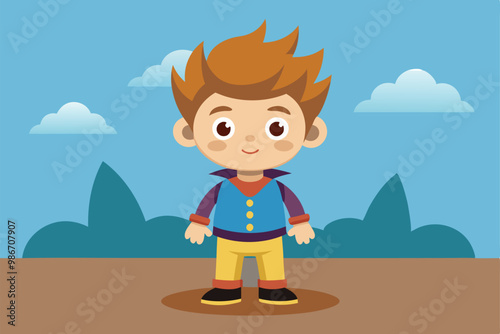 A cheerful child stands confidently outdoors with a bright, sunny sky and playful clouds around, Customizable cartoon illustration of an imaginary friend.