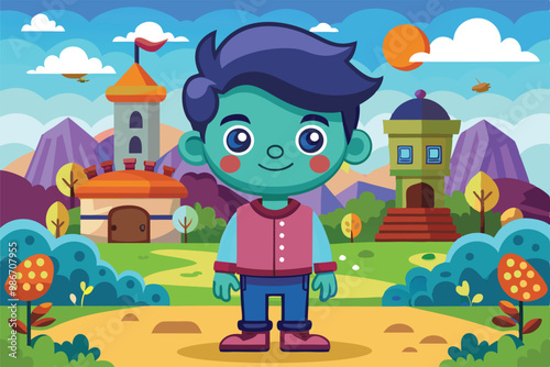 A cheerful cartoon character explores a vibrant landscape with castles and colorful flowers, Customizable cartoon illustration of an imaginary friend.