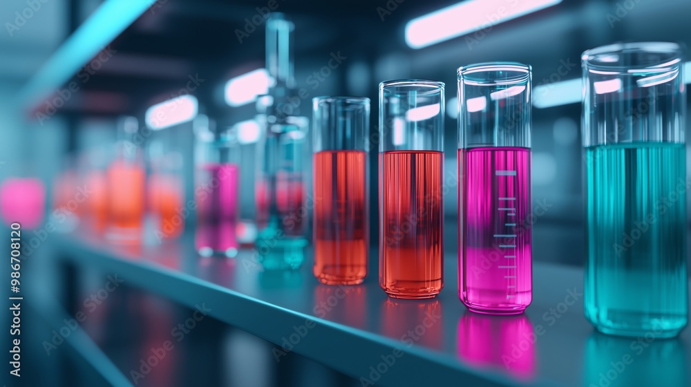 Colorful Chemical Solutions in Glass Tubes on a Shelf Colorful Chemical Solutions in Glass Tubes on a Shelf