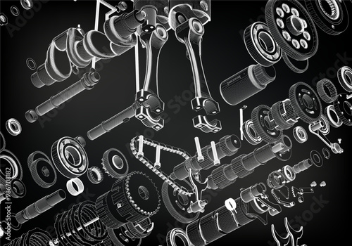 Disassembled motorcycle engine on a black background. Many parts.