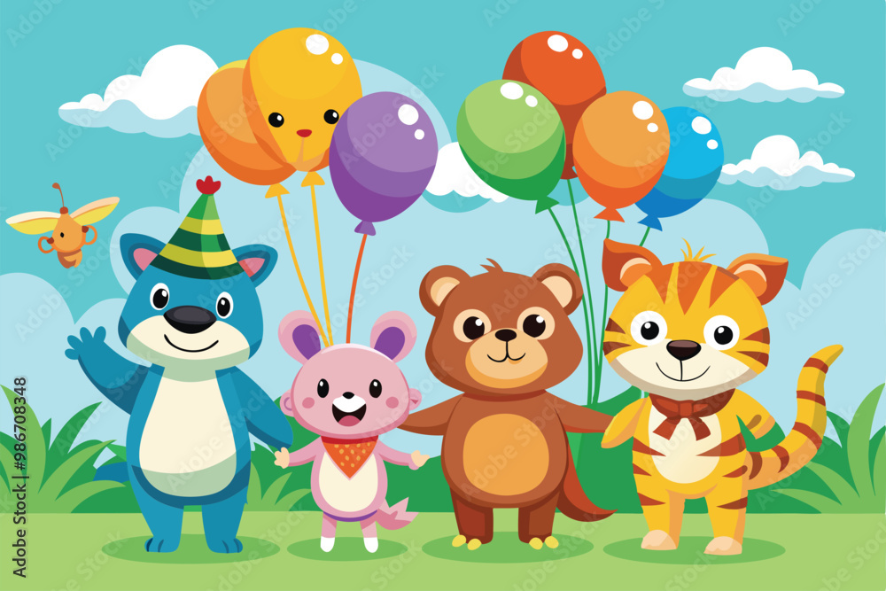 Naklejka premium Four customizable cartoon animals celebrate together holding vibrant balloons under a sunny sky, Customizable cartoon illustration of animals with balloons.
