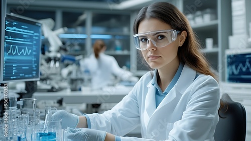 A focused female scientist in a lab coat and safety goggles conducts an experiment, surrounded by lab equipment and digital screens displaying data.