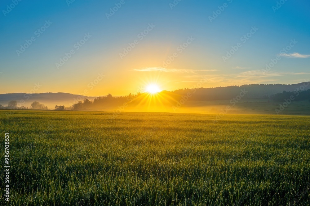 Sunrise Over a Foggy Field with a Distant Forest Sunrise Over a Foggy Field with a Distant Forest
