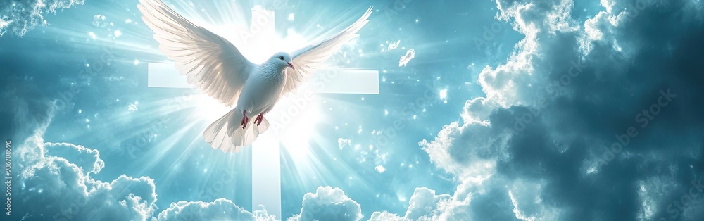 White dove flying in front of a radiant cross in the clouds White dove flying in front of a radiant cross in the clouds