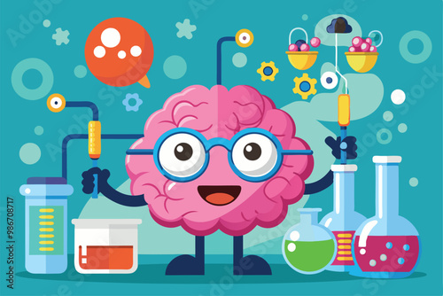 A cheerful cartoon brain chemist holds tools and beakers while conducting colorful experiments in a lab, Customizable cartoon illustration of brain chemistry.