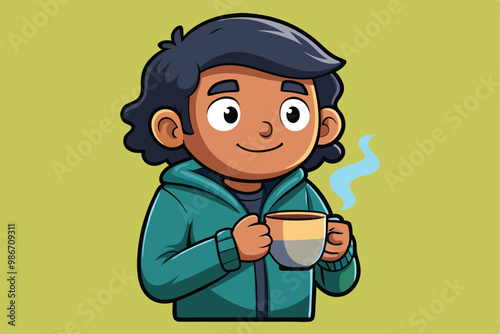 A friendly character happily sips coffee while cozying up in a comfortable sweater, Customizable cartoon illustration of coffee drinking