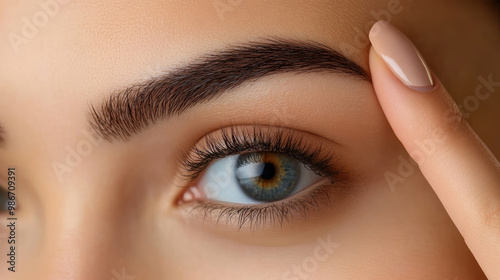 A woman with a light brown eyebrow and a light brown fingernail. The woman is looking at the camera