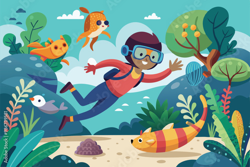 A joyful child in diving gear explores a lively underwater world, interacting with colorful fish, Customizable cartoon illustration of diving with animals.