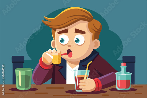 A person takes a shot while sitting at a bar surrounded by colorful drinks, enjoying a lively moment, Customizable cartoon illustration of drinking shots.