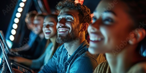 Close-up shot of a CEO holding a team meeting on a rollercoaster, giving instructions as the group holds laptops tightly while riding through the loops