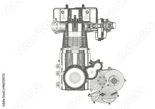 Motorcycle engine on white background.