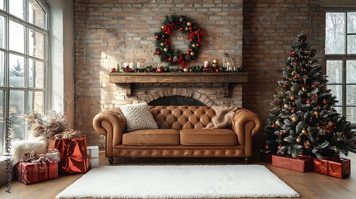 vintage living room christmas style, brown sofa, brick wall, wooden floor with white carpet and a christmas tree, christmas decorations on the fireplace photo