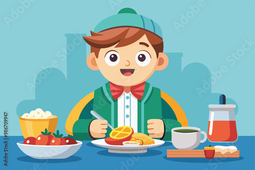 A happy character sits at a table, ready to enjoy a delicious breakfast of pancakes and fruit, Customizable cartoon illustration of eating breakfast.