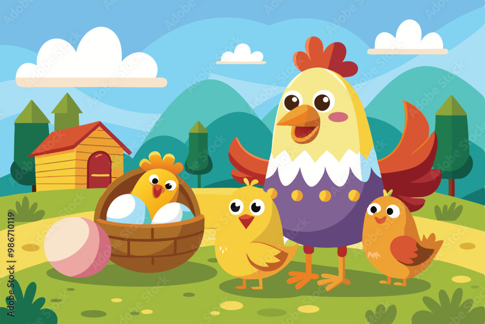 A cheerful chicken family stands in a colorful countryside, surrounded by eggs and playful chicks, Customizable cartoon illustration of eggs and chickens. A cheerful chicken family stands in a colorful countryside, surrounded by eggs and playful chicks, Customizable cartoon illustration of eggs and chickens.