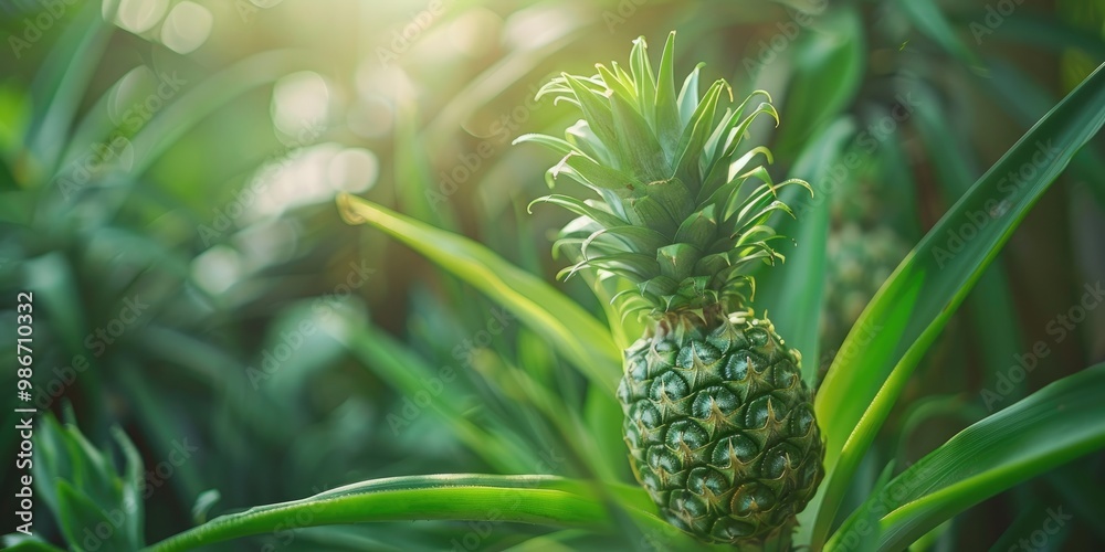 Fototapeta premium Immature green pineapple growing on a plant in the garden.