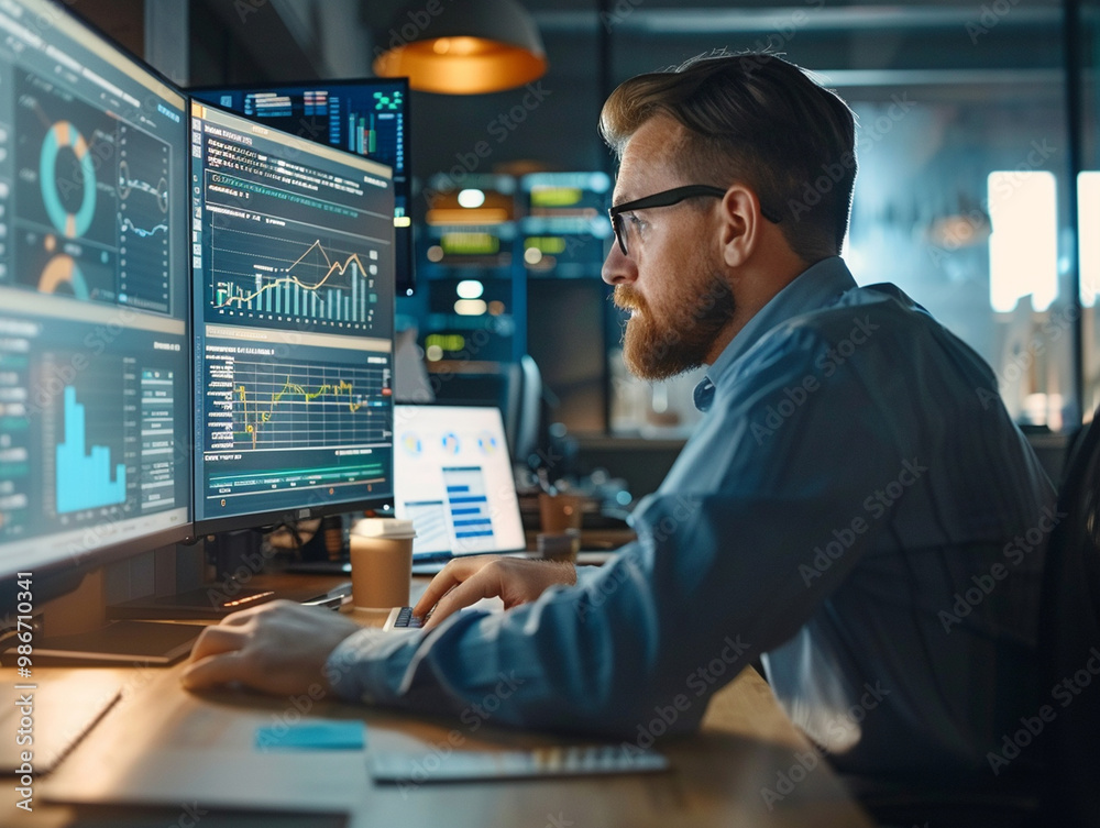 Businessman using financial software, analyzing charts and graphs Businessman using financial software, analyzing charts and graphs