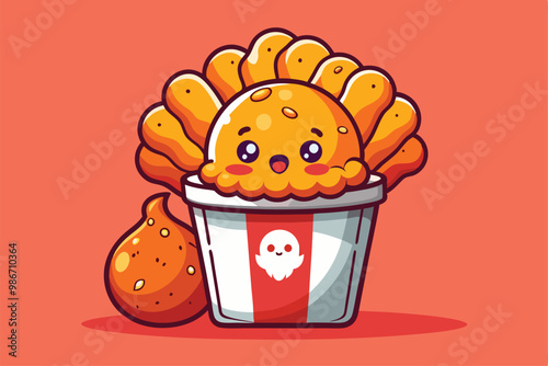 A whimsical fried chicken graphic features a cheerful bucket filled with crispy chicken pieces, radiating fun, Customizable cartoon illustration of fried chicken.