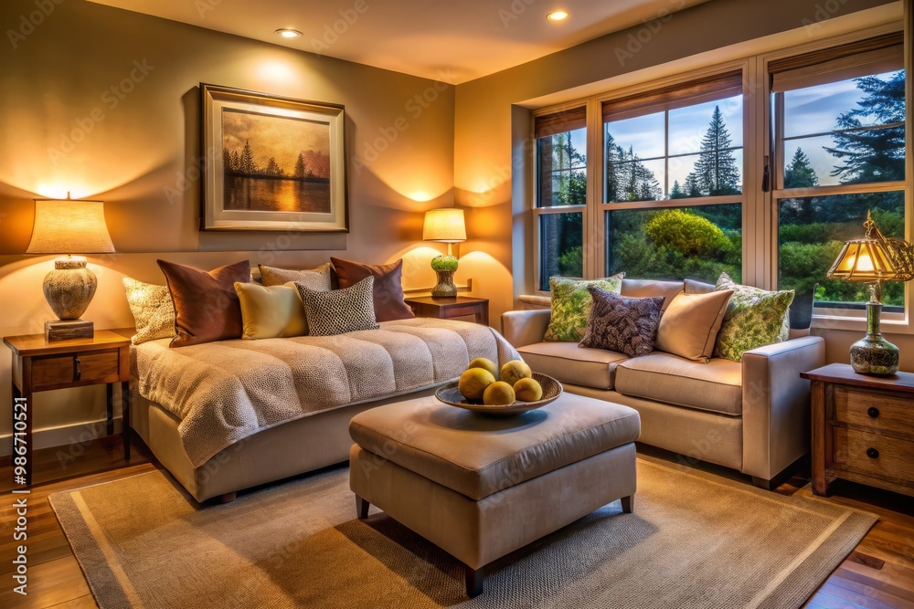 Softly glowing lamps and plush throw pillows envelop the cozy sitting area, where a plush couch beckons with Softly glowing lamps and plush throw pillows envelop the cozy sitting area, where a plush couch beckons with