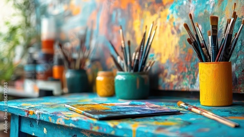 Creative hobbies at home with art supplies and a sketchbook on a desk, colorful environment, close-up, sharp focus