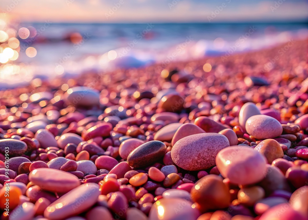 Softly glowing pink pebbles blend with the sandy beach, focus blurring distant waves and wind-tousled grasses, intimacy Softly glowing pink pebbles blend with the sandy beach, focus blurring distant waves and wind-tousled grasses, intimacy