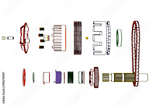 Motorcycle clutch and other parts on white background.