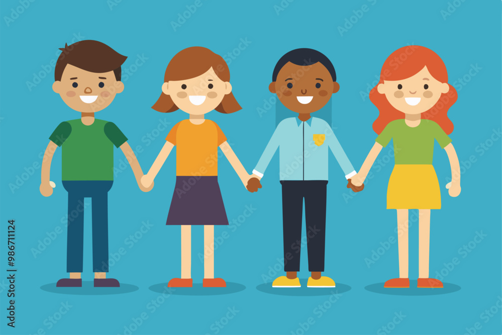 Four diverse friends are holding hands joyfully, celebrating friendship in a colorful environment, Customizable cartoon illustration of holding hands. Four diverse friends are holding hands joyfully, celebrating friendship in a colorful environment, Customizable cartoon illustration of holding hands.