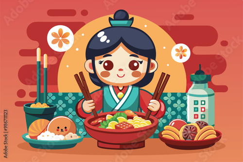A cheerful character enjoys a rich array of colorful traditional Korean dishes, showcasing culinary delights, Customizable cartoon illustration of Korean food.