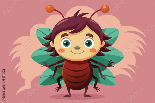 A cartoon lice character with a cheerful expression and vibrant wings stands prominently against a soft backdrop, Customizable cartoon illustration of lice.