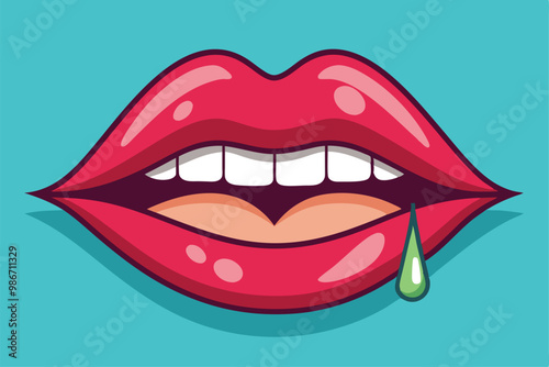 This artwork features a colorful graphic of plump lips receiving lip filler enhancement with shine, Customizable cartoon illustration of lip filler.