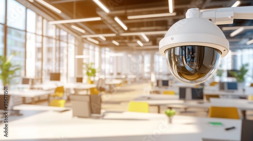 A hyper-realistic view of a security camera installed in an indoor business environment, showcasing a clean and professional interior. This setup emphasizes the camera's role in indoor surveillance photo