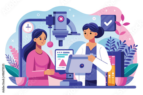 A healthcare professional guides a patient through a mammography exam in a vibrant clinical environment, Customizable cartoon illustration of mammography