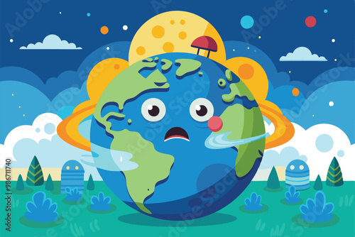 A cartoon Earth character expresses concern about the ozone layer, surrounded by a colorful sky and plants, Customizable cartoon illustration of ozone layer depletion