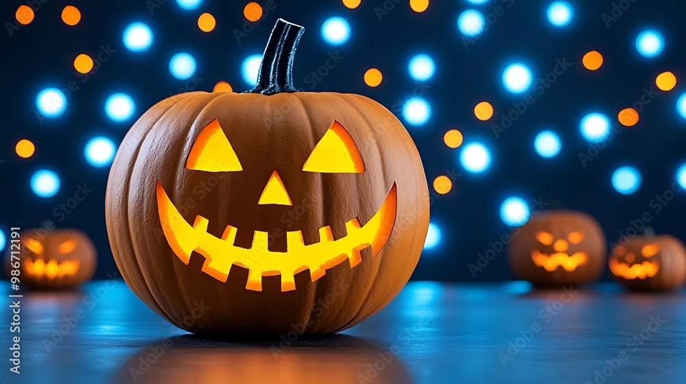 Spooky Halloween Pumpkin with Bright Face and Bokeh Lights Spooky Halloween Pumpkin with Bright Face and Bokeh Lights