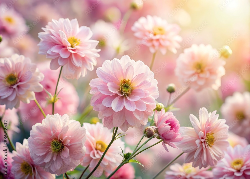 Soft pink flowers bloom profusely against a serene and peaceful background, creating a whimsical and romantic Soft pink flowers bloom profusely against a serene and peaceful background, creating a whimsical and romantic