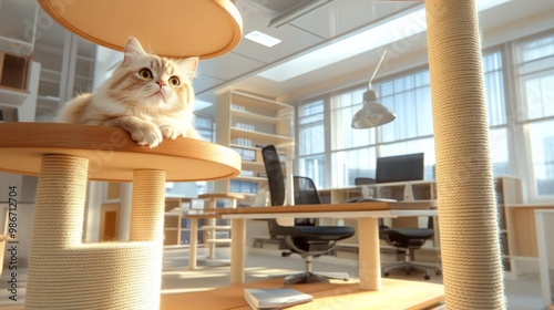 A hyper-realistic depiction of a pet-friendly office featuring cats climbing and lounging in multi-level office cat trees. This modern environment emphasizes the unique cat furniture photo