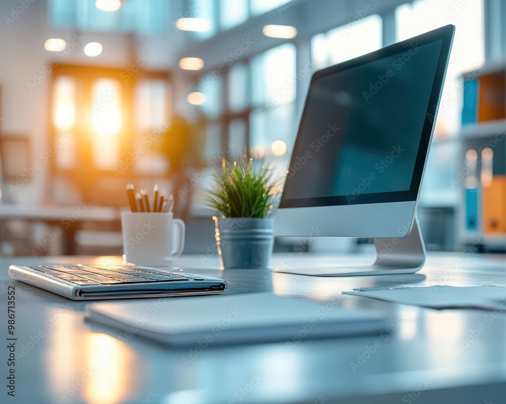 Technology integration in the office with new devices and software, modern style, sharp focus, bright lighting Technology integration in the office with new devices and software, modern style, sharp focus, bright lighting