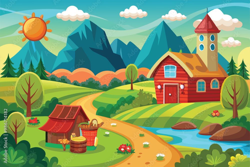 Naklejka premium A cheerful countryside setting features a red farmhouse, mountains, and a winding path under a sunny sky, Customizable cartoon illustration of the countryside.