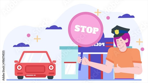 A police officer stands with a stop sign outside a police station emphasizing law enforcement authority in a colorful illustration animated video photo