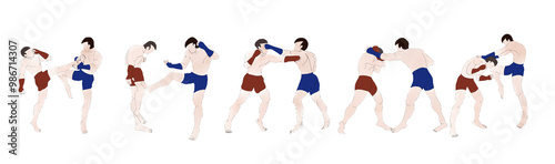 Set of Muay Thai Boran moves Design.Perfect for t shirt design. A dynamic illustration of two Muay Thai Boran fighters