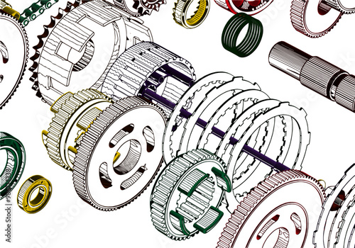 Gear wheels on a white background. Disassembled engine.
