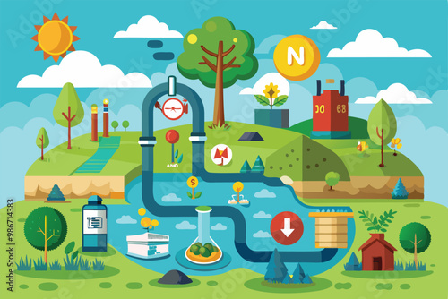 A colorful landscape showcases nitrogen's role in nature with water cycles, plants, and engaging activities, Customizable cartoon illustration of the nitrogen cycle.