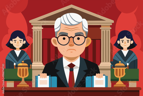 A cartoon judge is shown in a courtroom, holding case files with two assistants nearby, surrounded by law decor, Customizable cartoon illustration of the Supreme Court.
