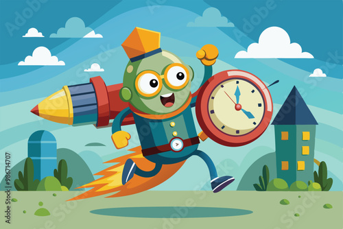 A joyful figure runs with a clock and rocket, representing time's swift passage in a lively scene, Customizable cartoon illustration of time flying