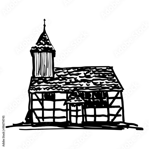 Church in Klempenow, Breest, Germany. Historical timber framing structure. Hand drawn linear doodle rough sketch. Black and white silhouette.