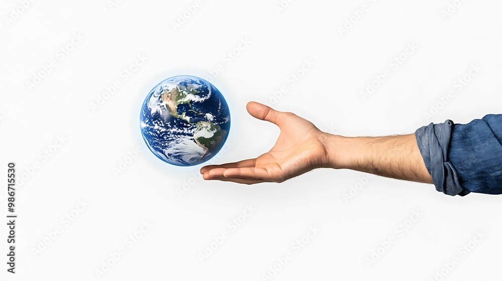 A hand emerges from the side, gently holding a small representation of Earth, symbolizing care for the planet and global responsibility. A hand emerges from the side, gently holding a small representation of Earth, symbolizing care for the planet and global responsibility.