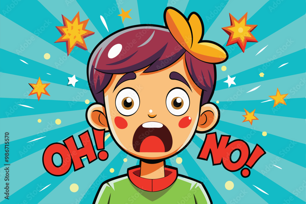 A cartoon boy with a shocked expression shows surprise with vibrant colors and playful elements around him, Customizable Cartoon Illustration - Oh no!