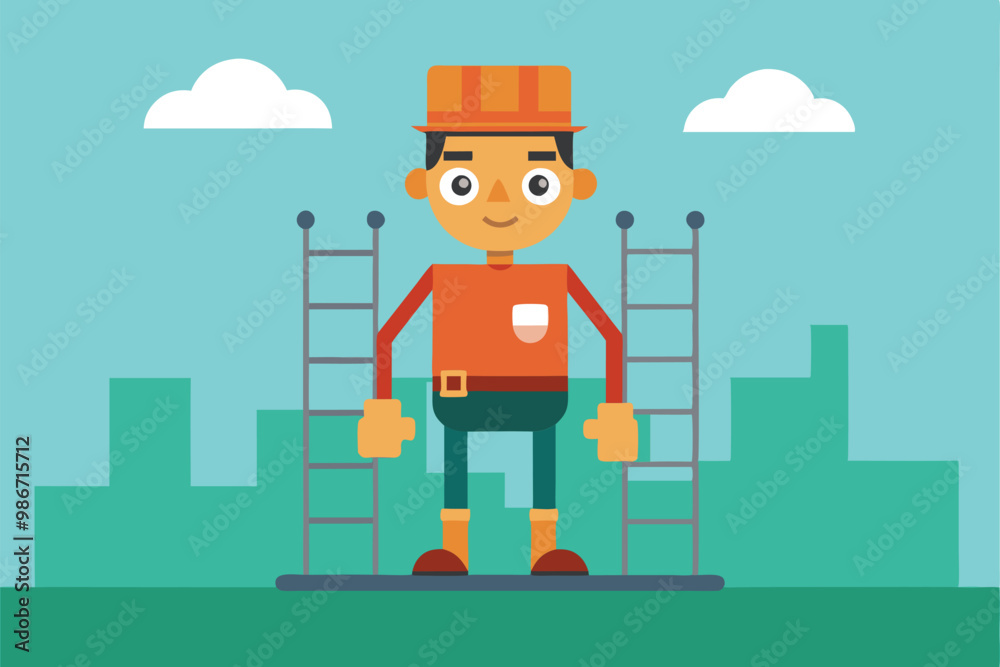 A cartoon worker stands on scaffolding, smiling against a city skyline on a sunny day, Customizable cartoon illustration on a scaffold. A cartoon worker stands on scaffolding, smiling against a city skyline on a sunny day, Customizable cartoon illustration on a scaffold.
