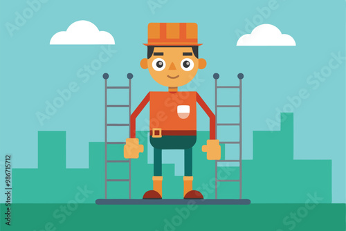 A cartoon worker stands on scaffolding, smiling against a city skyline on a sunny day, Customizable cartoon illustration on a scaffold.
