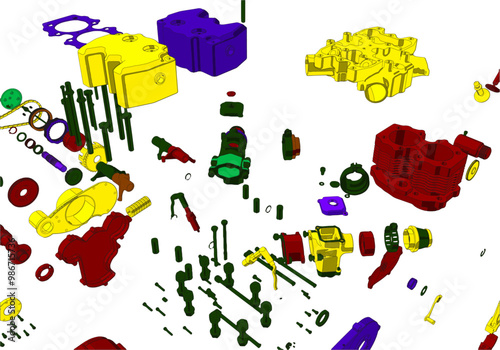 Multicolored disassembled engine on white background. Lots of details.